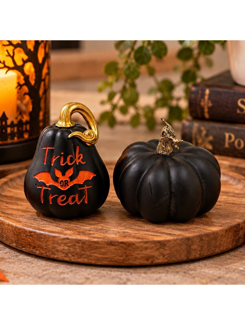 2pc Halloween Matte Black Pumpkin Centerpiece Set w/ Gold Stems, 4in